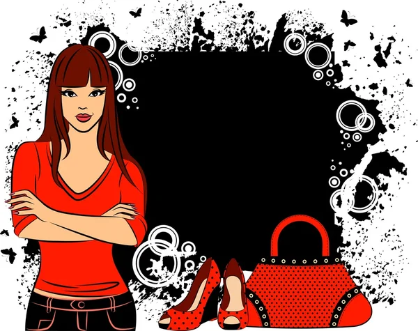 Krásná dívka s karikatura ženský tašky a boty. Vektor — Stockový vektor