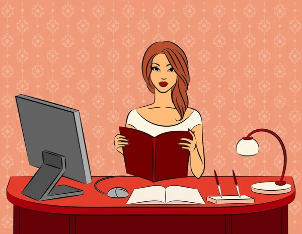 Красивые женщины с книгой в офисе — стоковый вектор