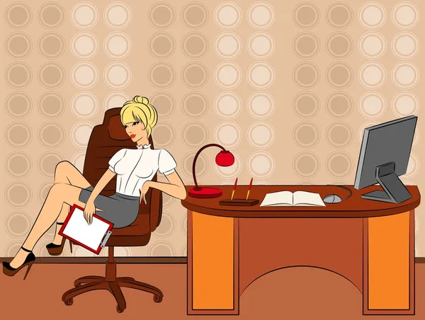 Business women sits in a chair in office. — Stock Vector