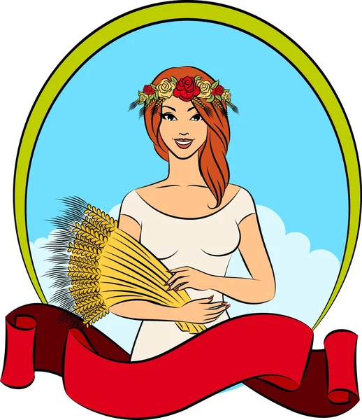 Красивая девушка с снопом пшеницы . — стоковый вектор