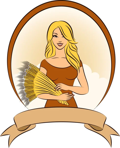 Beautiful girl with sheaf of wheat. — Stock Vector
