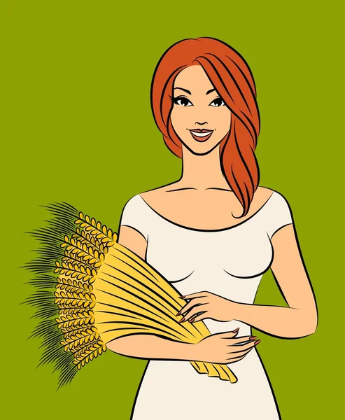 Mooi meisje met eerstelingsgarve van tarwe. — Stockvector