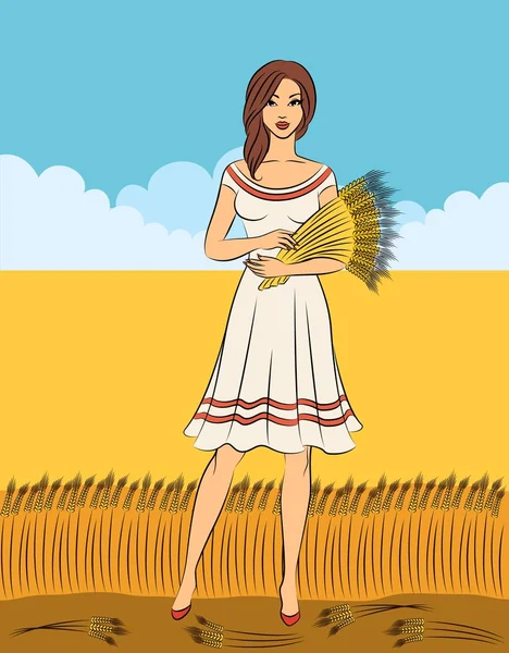 Bella ragazza con covone di grano . — Vettoriale Stock