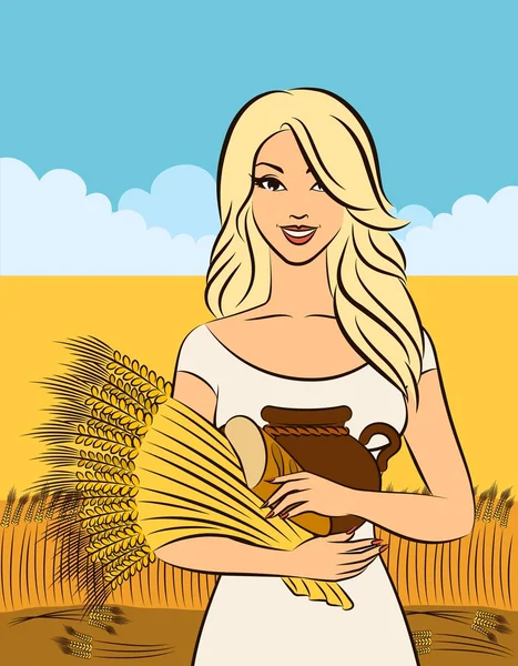 Красива дівчина зі снопом пшениці . — стоковий вектор