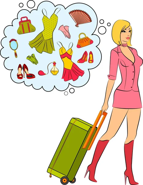 Belle fille avec valise . — Image vectorielle