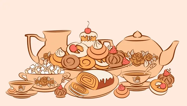 复古茶具和香甜的月饼。矢量 — 图库矢量图片