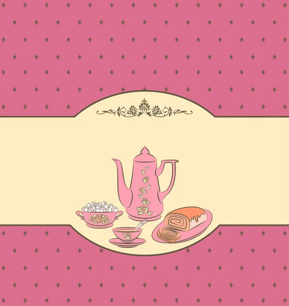 Vintage tea set and sweet cakes. Vector — Stock Vector