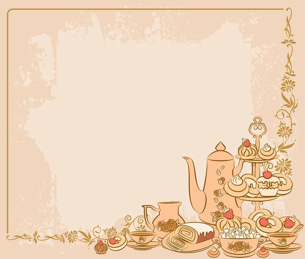 Coffret thé vintage et gâteaux sucrés. Vecteur — Image vectorielle