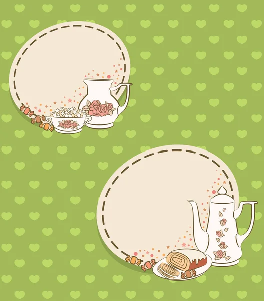 ビンテージのお茶セットと甘いケーキ。ベクトル — ストックベクタ