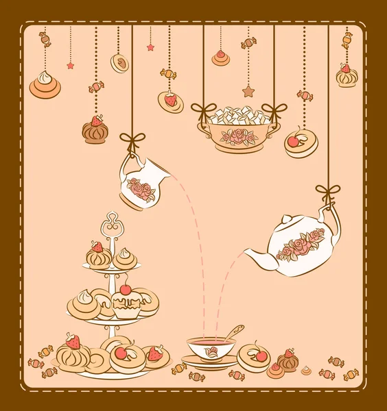 Coffret thé vintage et gâteaux sucrés. Vecteur — Image vectorielle