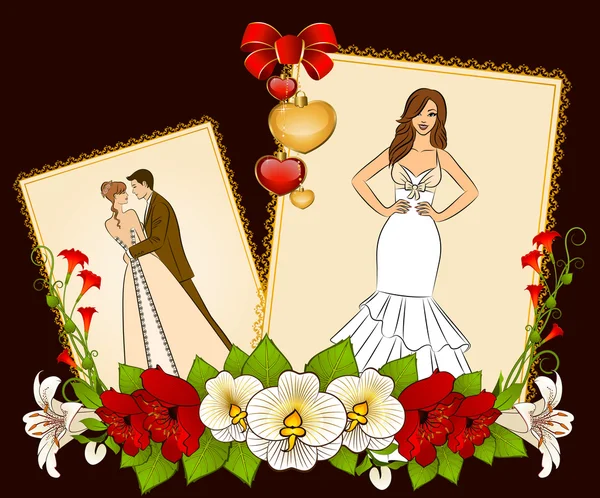 Illustration of beautiful bride and groom on a background with flowers — Stock Vector