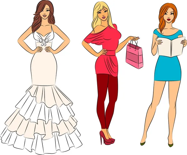 Beautiful fashion shopping girls. Vector set — Stock Vector
