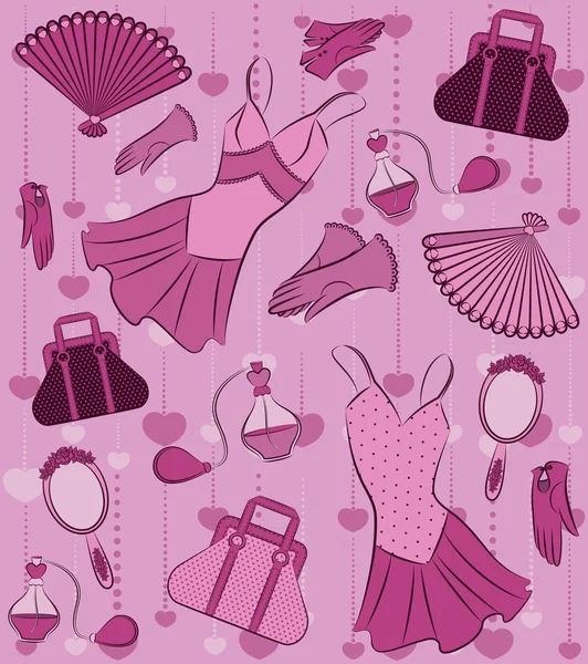 Karikatür elbise, çanta, parfüm ve ayakkabı — Stockvector