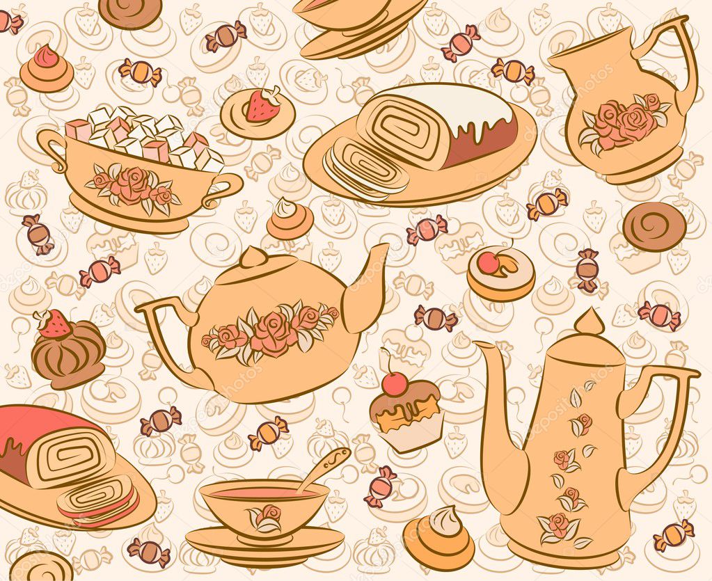 Vintage tea set and sweet cakes. Vector