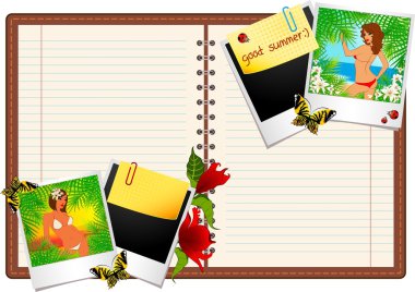 Beautiful girl on a summer beach in photo frames and notepad. Vector clipart