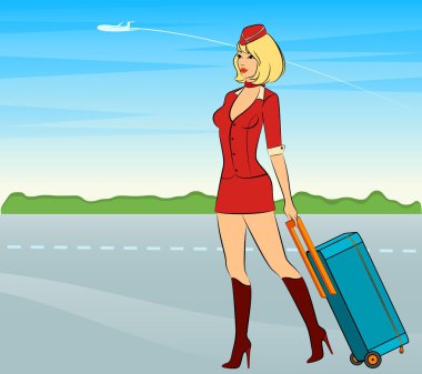 Beautiful stewardess with suitcase. clipart