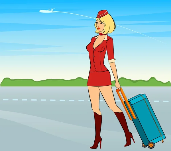 Bella hostess con valigia . — Vettoriale Stock