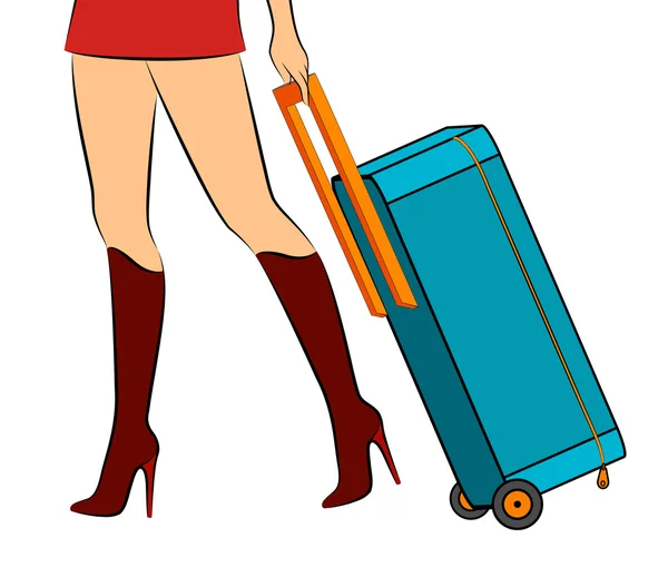 美丽女性的脚带着手提箱。矢量插画 — 图库矢量图片