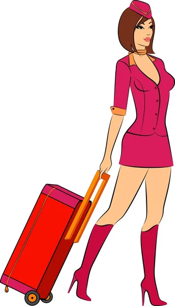 Schöne Stewardess mit Koffer. — Stockvektor