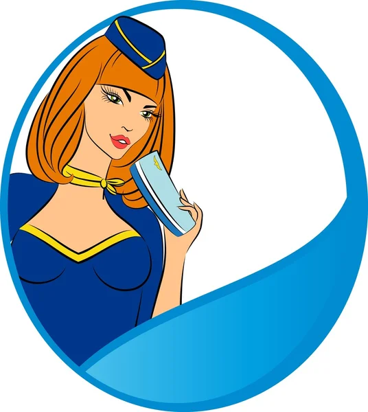 Beautiful stewardess with air ticket. — Stock Vector