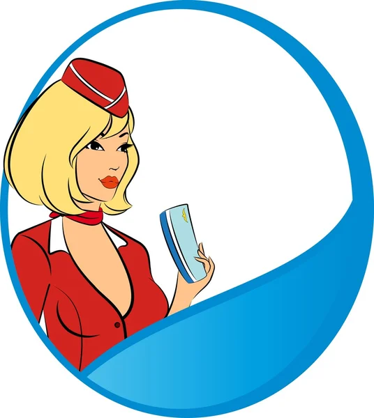 Beautiful stewardess with air ticket. — Stock Vector