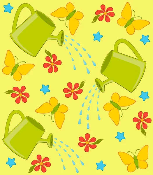 Szczęśliwy tło wektor z konewki ogrodowe, motyl i kwiaty — Wektor stockowy