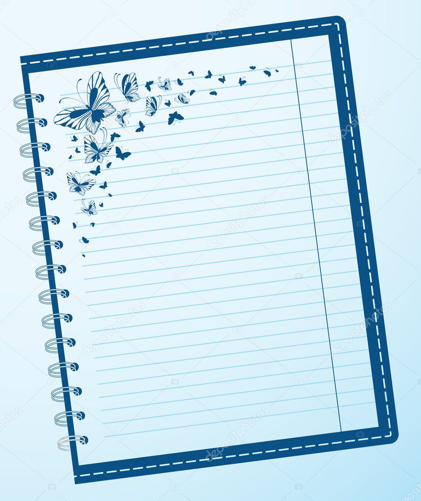 Pages of ruled notebook paper with butterflies