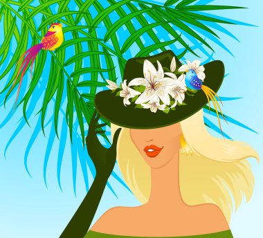 şapkalı güzel tropik çiçekler ile güzel bir kız. vektör