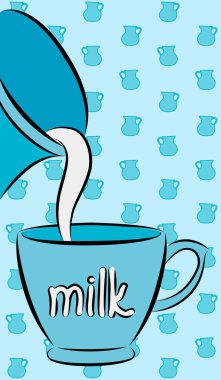 Jug is poured by milk in a cup. Vector clipart