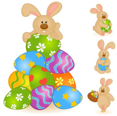 Easter Bunny with basket and colored eggs. Easter card clipart