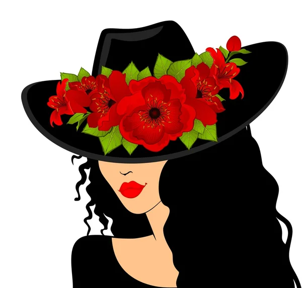 Vacker flicka i hatt med vackra tropiska blommor — Stock vektor