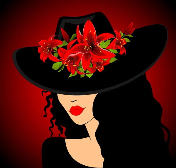 美しい熱帯の花々 の帽子で美しい少女 — ストックベクタ