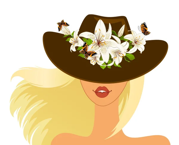 Όμορφη κοπέλα με καπέλο με πανέμορφα τροπικά λουλούδια — Διανυσματικό Αρχείο