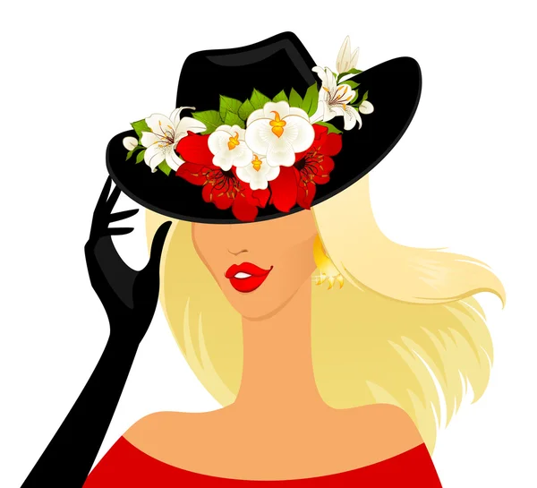 美丽的女孩在美丽的热带花朵的帽子 — 图库矢量图片