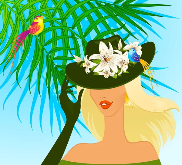 Beautiful girl in hat with beautiful tropical flowers. Vector — Stock Vector