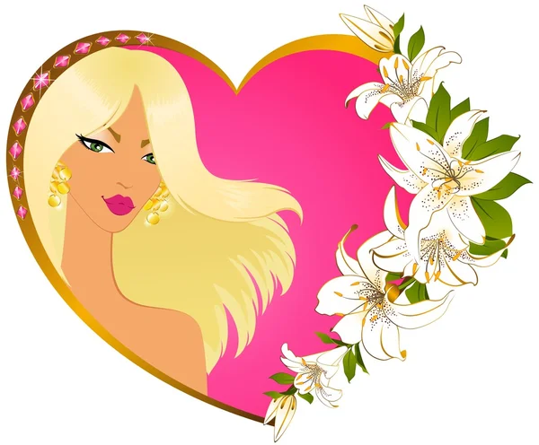 Hermosa chica con hermosas flores tropicales. Vector — Archivo Imágenes Vectoriales