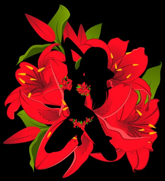 Sylwetka piękna dziewczyna z tropikalnych kwiatów — Wektor stockowy