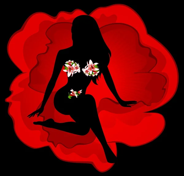 Silhouette de belle fille aux fleurs tropicales — Image vectorielle