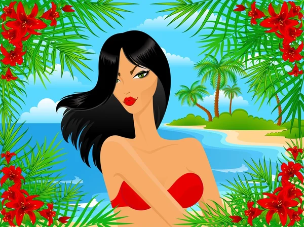 Hermosa chica en una playa de verano. Ilustración vectorial — Vector de stock