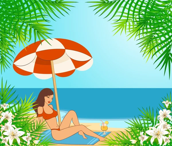 Hermosa chica en una playa de verano. Ilustración vectorial — Archivo Imágenes Vectoriales