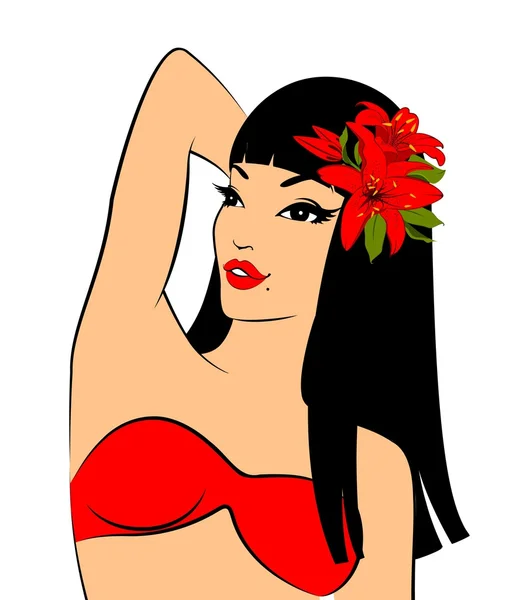 Belle fille avec des fleurs tropicales — Image vectorielle