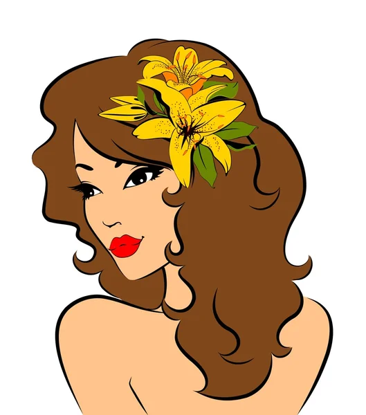 Belle fille avec des fleurs tropicales . — Image vectorielle