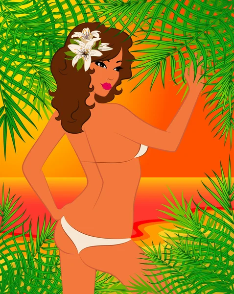 Vacker flicka på en sommar strand. vektor illustration — Stock vektor