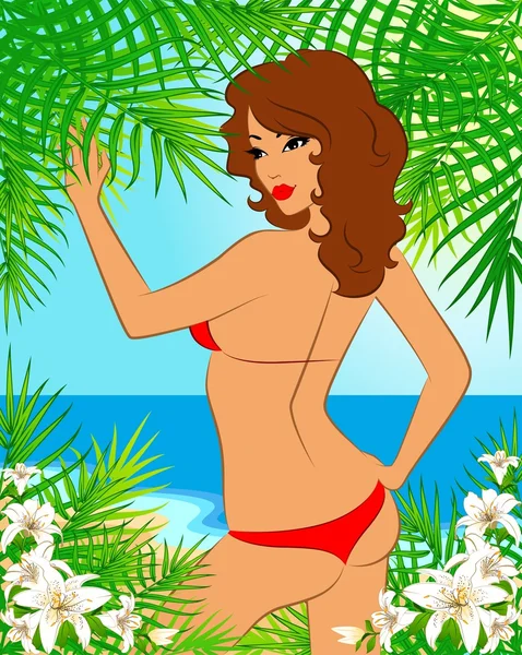 Beautiful girl on a summer beach. Vector illustration — Stock Vector