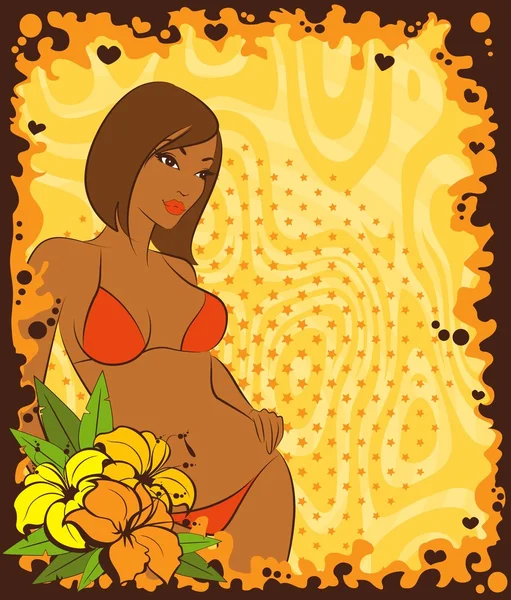 Bella ragazza con fiori tropicali su uno sfondo astratto . — Vettoriale Stock