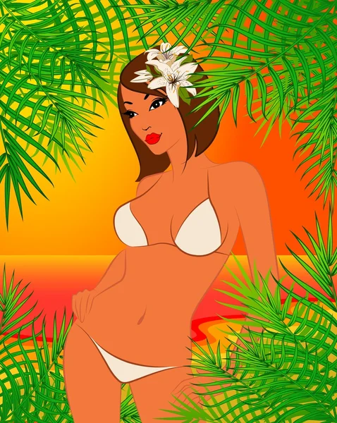 Hermosa chica en una playa de verano. Ilustración vectorial — Vector de stock
