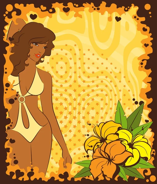 Mooi meisje met tropische bloemen op een abstracte achtergrond. — Stockvector