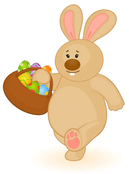 Velikonoční zajíc s košíkem a barevné vejce. Velikonoční přání — Stockový vektor