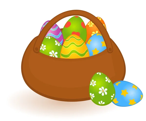 Cesta de Páscoa e ovos coloridos. Cartão de Páscoa — Vetor de Stock