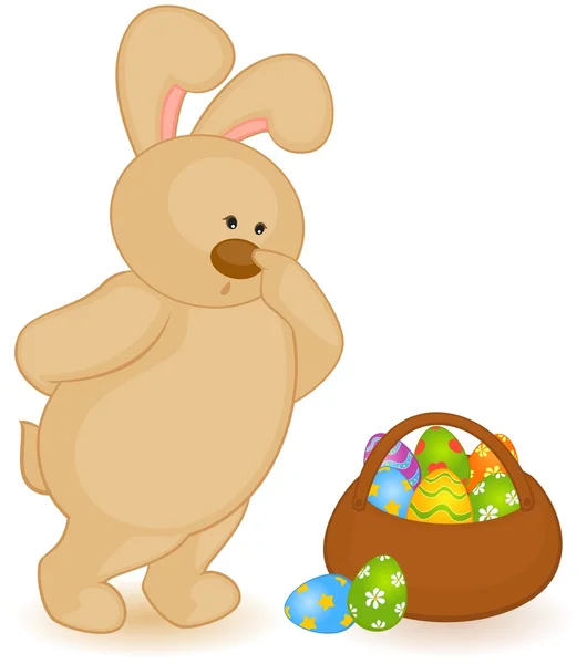 Conejo de Pascua con cesta y huevos de colores. Tarjeta de Pascua — Archivo Imágenes Vectoriales